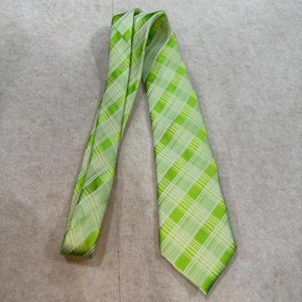 Ted Baker‎ London Mens Lime Green White Plaid Silk Necktie Made in USA 60